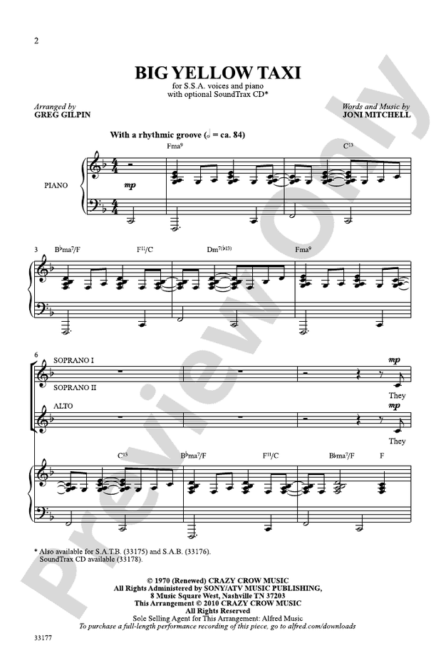 Big Yellow Taxi: SSA Choral Octavo: Joni Mitchell - Digital Sheet Music ...