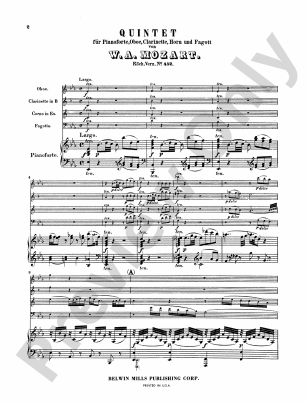 Mozart Quintet, in E flat Major (K. 454) Chamber Quintet Book