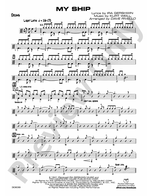 My Ship Drums Drums Part Digital Sheet Music Download