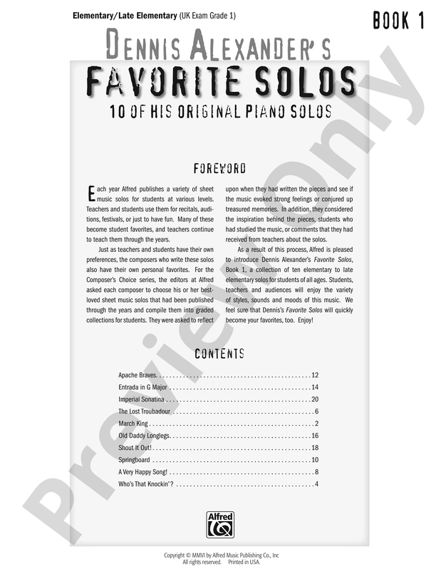 Dennis Alexander's Favorite Solos, Book 1: 10 of His Original Piano Solos