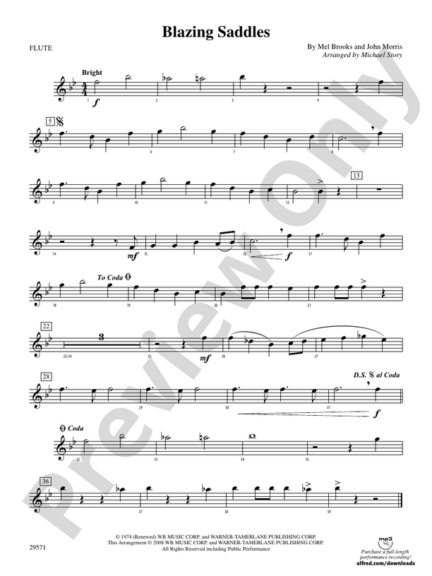Blazing Saddles Flute Flute Part Digital Sheet Music Download