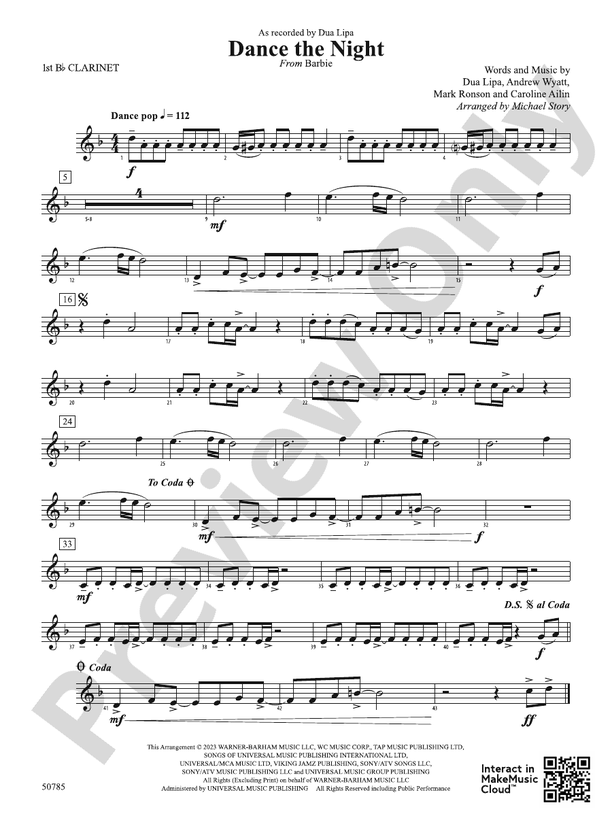 Dance the Night: 1st B-flat Clarinet: 1st B-flat Clarinet Part - Digital Sheet Music Download