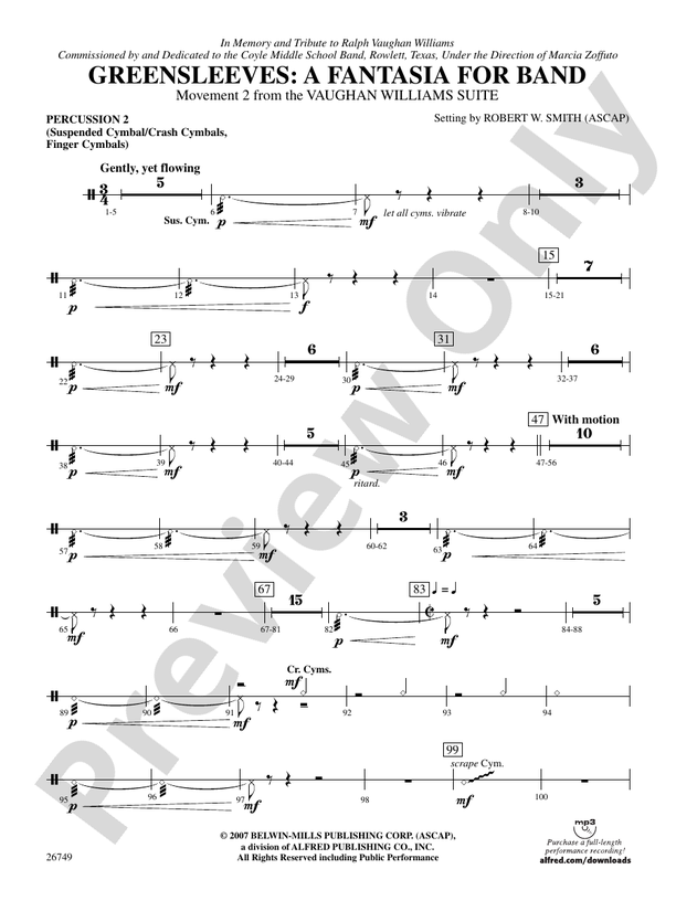 Greensleeves: A Fantasia for Band: 2nd Percussion: 2nd Percussion Part - Digital Sheet Music ...