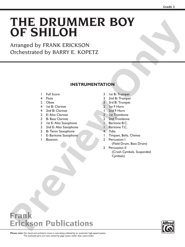 The Drummer Boy of Shiloh Concert Band Conductor Score & Parts