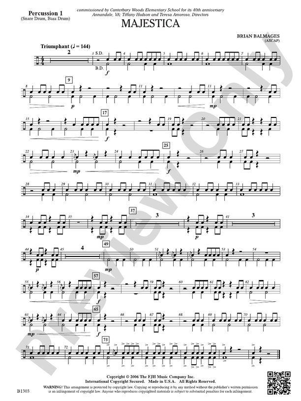 Majestica: Percussion 1: Percussion 1 Part: Brian Balmages