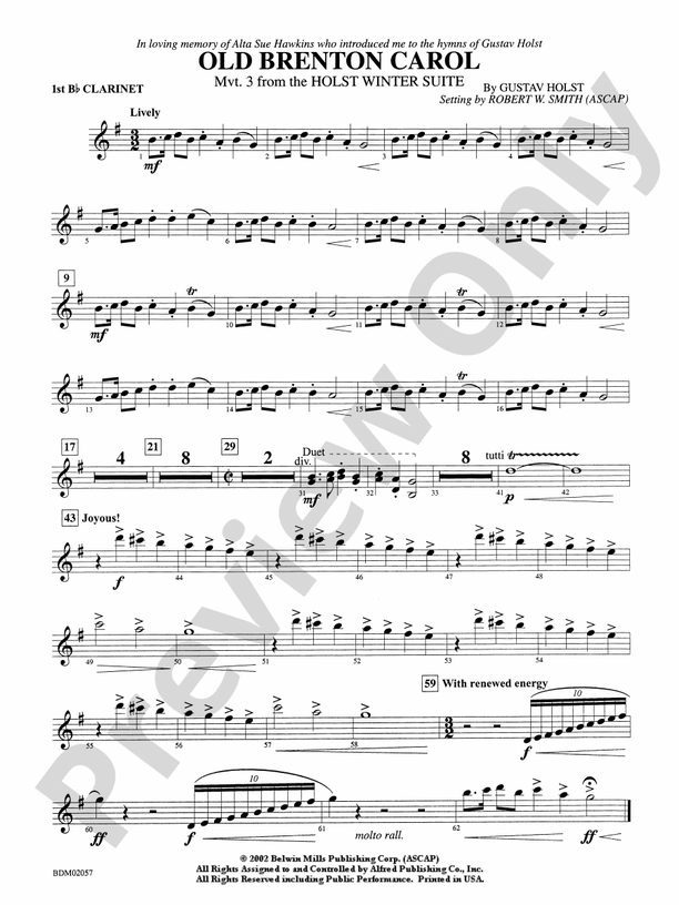 Old Brenton Carol From The Holst Winter Suite 1st B Flat Clarinet