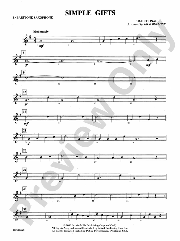 Simple Gifts Eflat Baritone Saxophone Eflat Baritone Saxophone Part