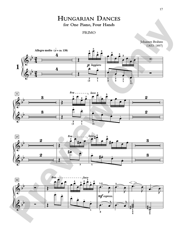 Brahms: Hungarian Dances, Volume 1 - Piano Duet (1 Piano, 4 Hands)
