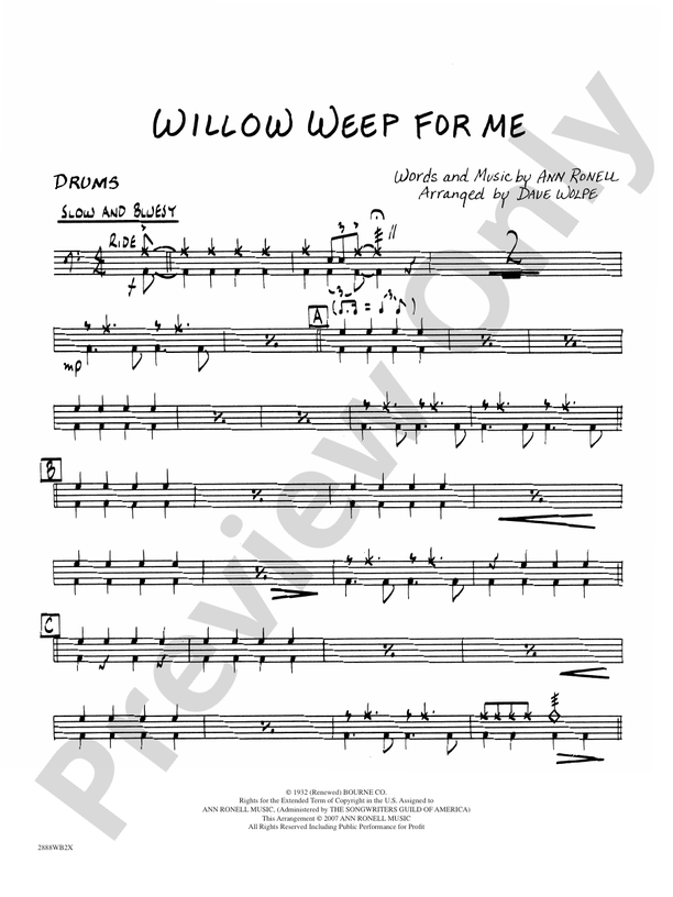 Willow Weep For Me Drums Drums Part Digital Sheet Music Download