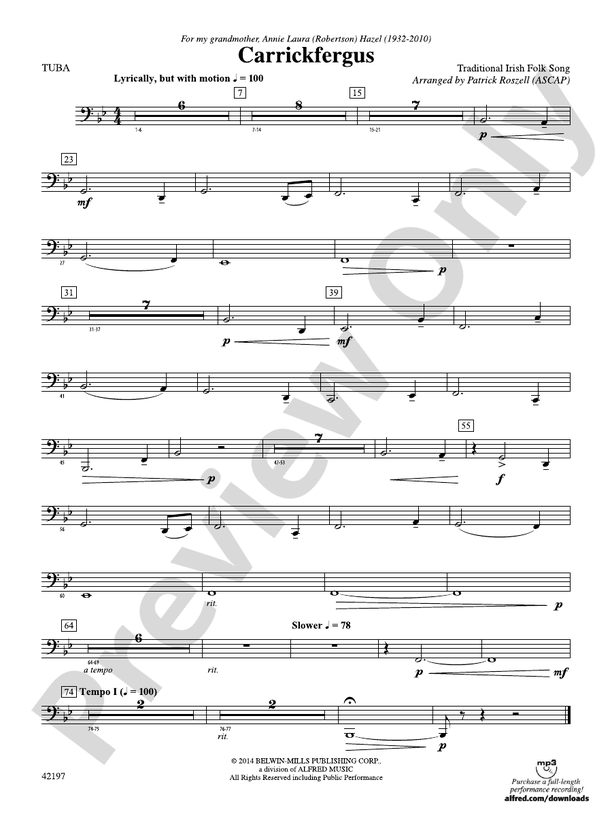Carrickfergus Tuba Tuba Part Digital Sheet Music Download
