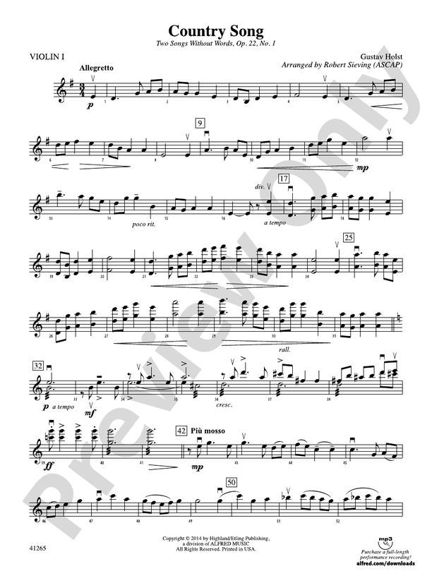 Country Song 1st Violin 1st Violin Part Digital Sheet Music Download 9520