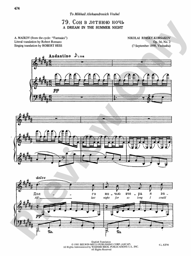 RimskyKorsakov Songs, Volume VII (Russian/English) 79. A Dream in