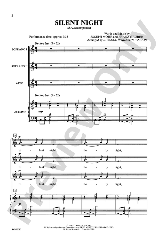 Silent Night: SSA Choral Octavo: Joseph Mohr - Digital Sheet Music Download