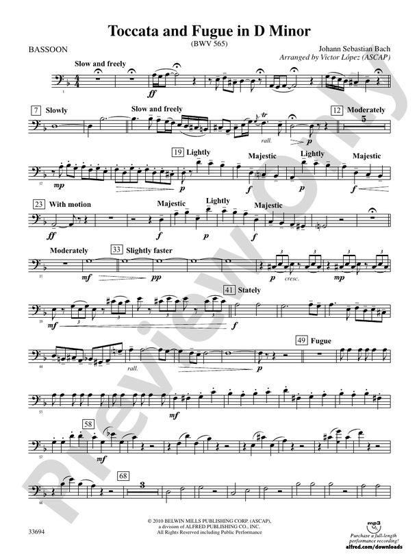 Toccata And Fugue In D Minor Bassoon Bassoon Part Digital Sheet 