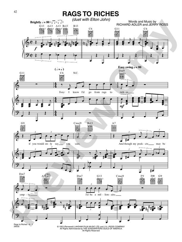 Rags to Riches: Piano/Vocal/Chords: Tony Bennett - Digital Sheet Music  Download