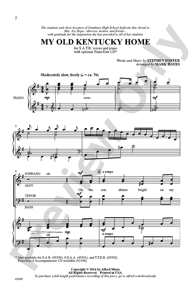 My Old Kentucky Home SATB Choral Octavo Stephen Foster Digital
