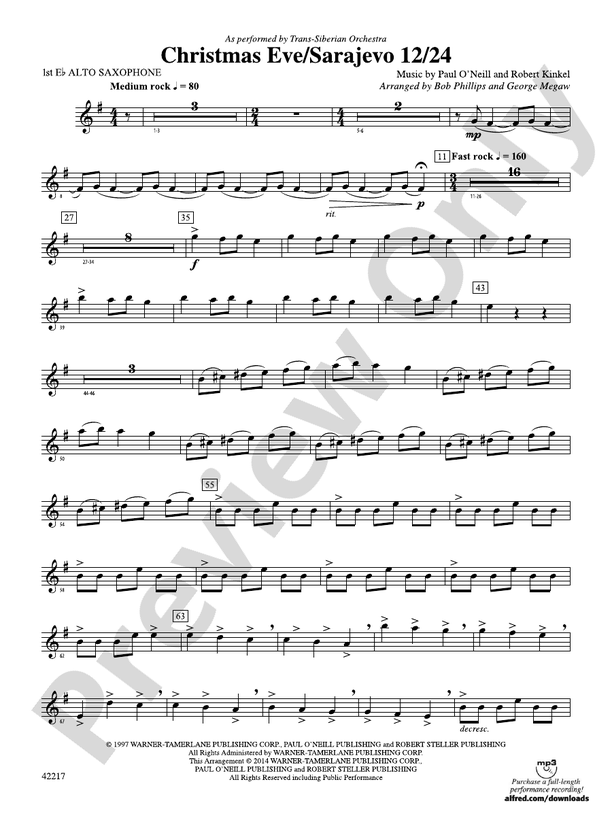 Christmas Eve/Sarajevo 12/24: E-flat Alto Saxophone: E-flat Alto