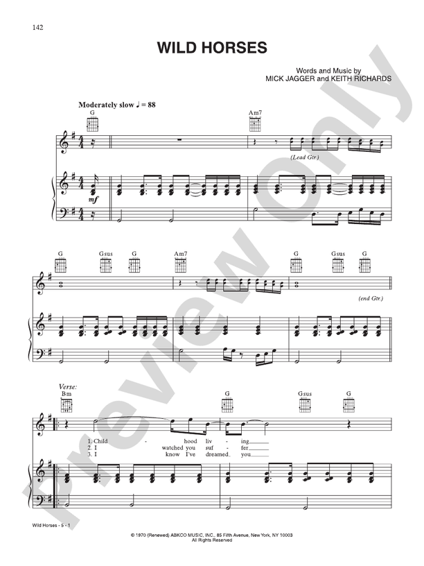 Wild Horses: Piano/Vocal/Chords: The Rolling Stones - Digital Sheet Music Download