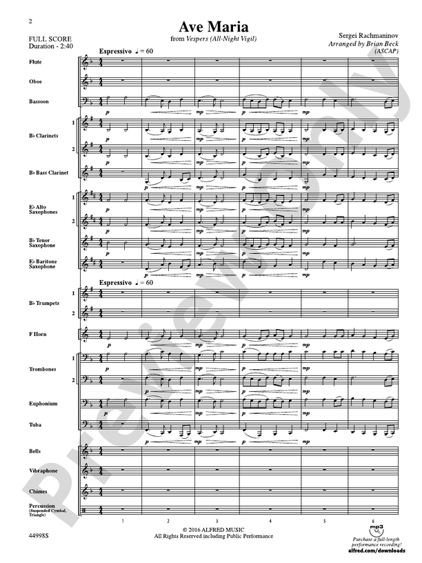 Ave Maria: Concert Band Conductor Score & Parts: Sergei Rachmaninov ...