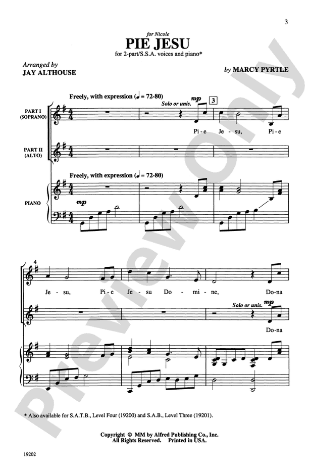 Pie Jesu 2Part/SSA Choral Octavo Marcie Pyrtle Digital Sheet Music