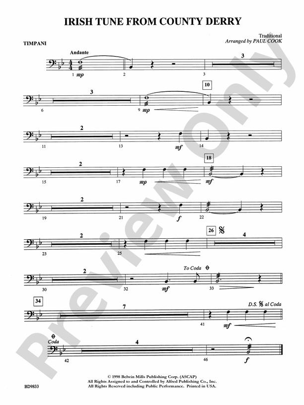 Irish Tune from County Derry Timpani Timpani Part Digital Sheet