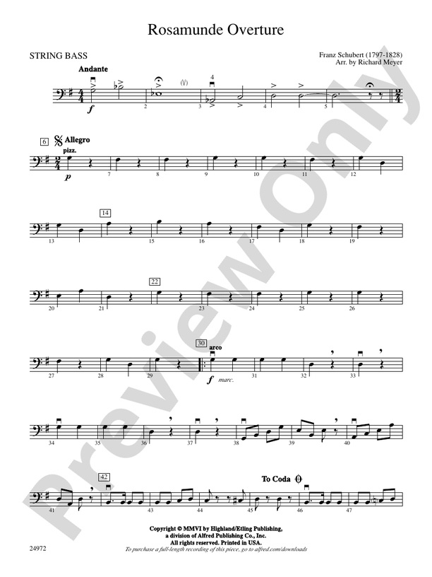 Rosamunde Overture String Bass String Bass Part Digital Sheet Music