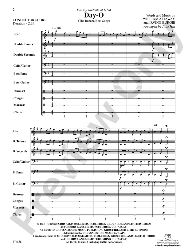 Day-O (The Banana Boat Song): Steel Drum Conductor Score & Parts ...