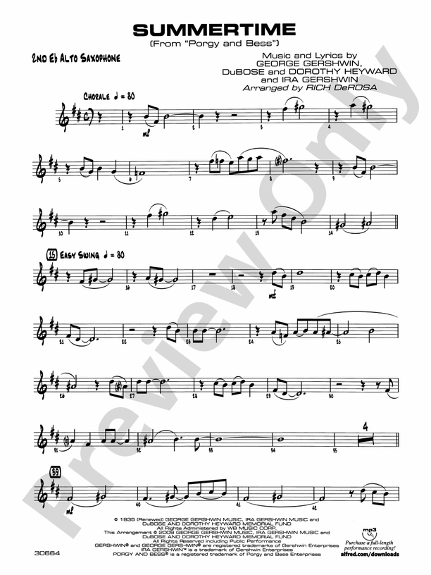 Summertime 2nd E Flat Alto Saxophone 2nd E Flat Alto Saxophone Part Digital Sheet Music Download 