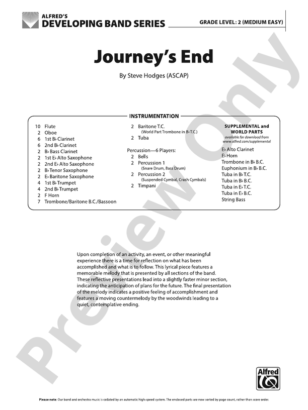 Journey's End Concert Band Conductor Score & Parts Steve Hodges