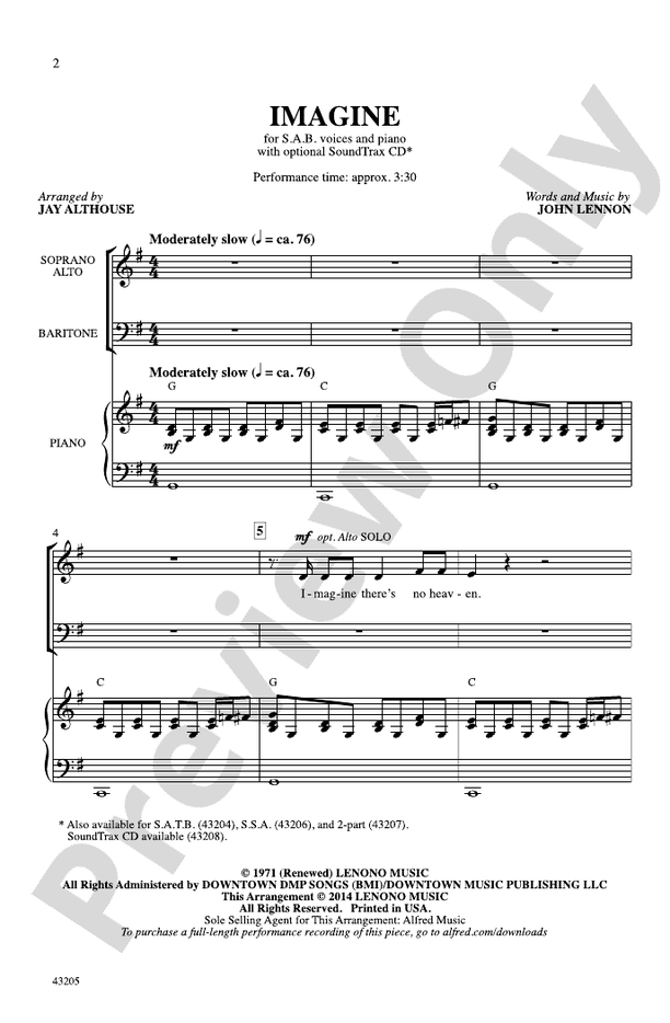 Imagine: SAB Choral Octavo: John Lennon - Digital Sheet Music Download