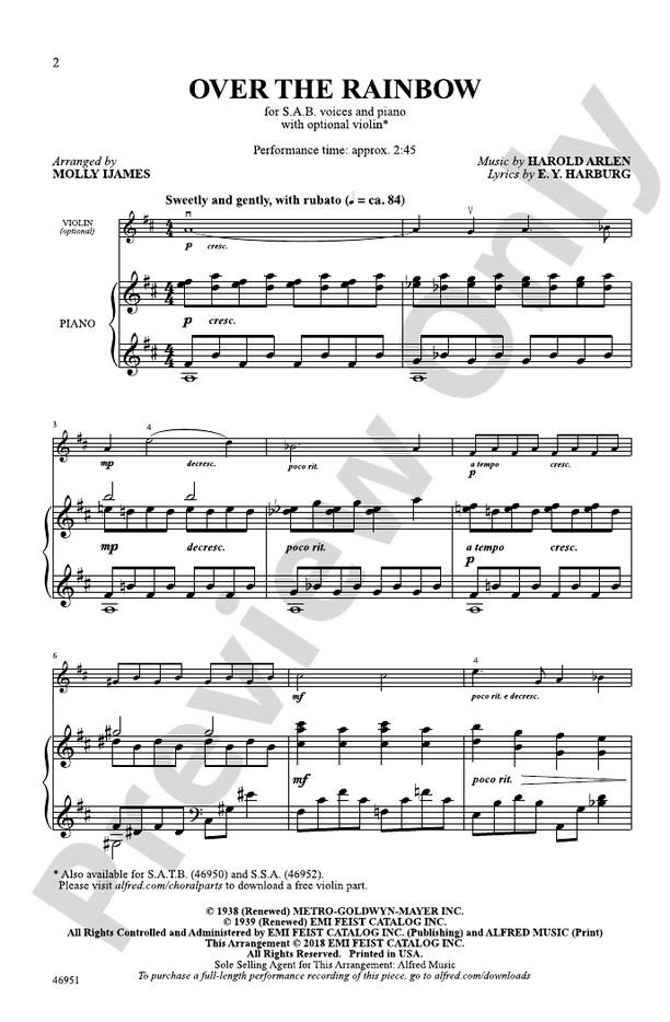 Over the Rainbow: SAB Choral Octavo: Harold Arlen - Digital Sheet Music ...