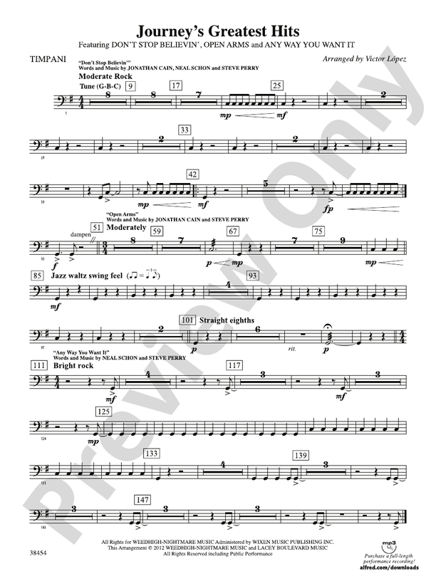 Journey's Greatest Hits Timpani Timpani Part Digital Sheet Music