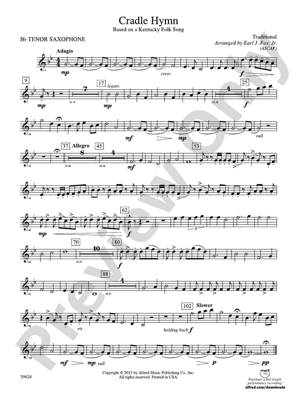 Cradle Hymn Bflat Tenor Saxophone Bflat Tenor Saxophone Part