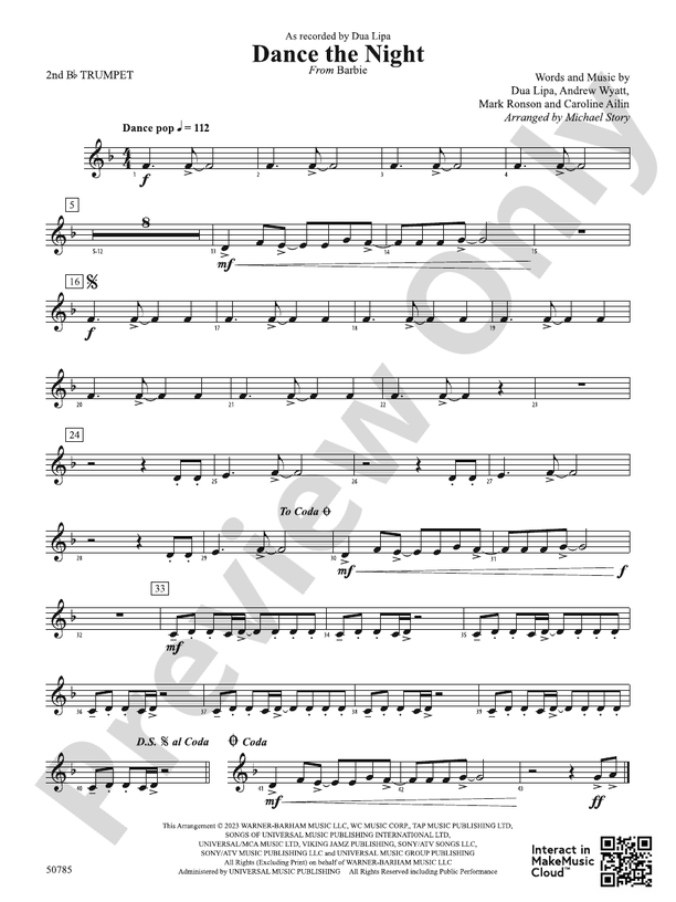 Dance The Night: 2nd B-flat Trumpet: 2nd B-flat Trumpet Part - Digital ...