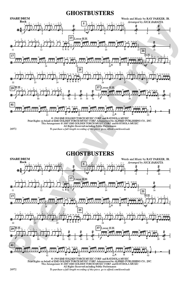 Ghostbusters Snare Drum Snare Drum Part Digital Sheet Music Download