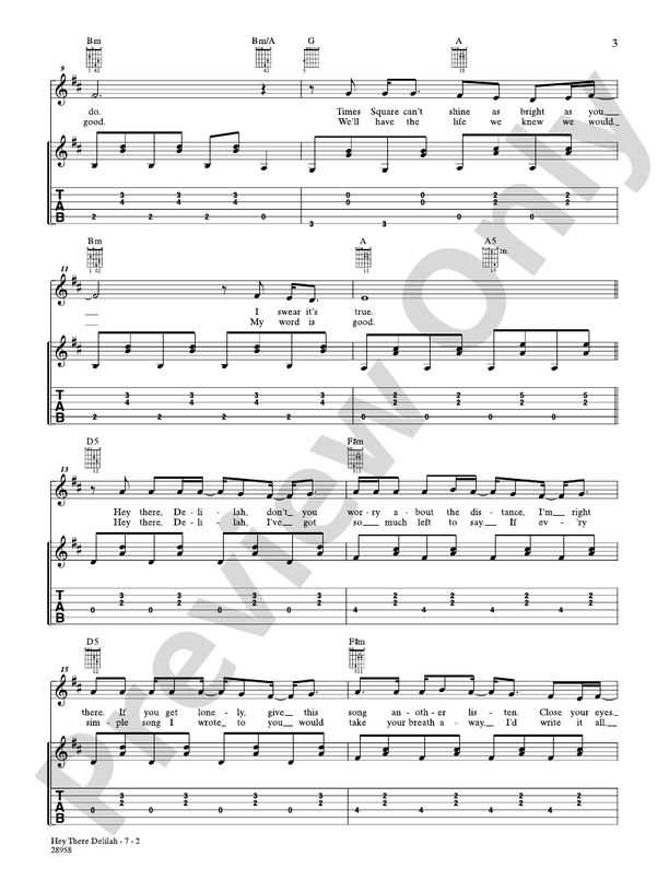 Hey There Delilah Guitar Plain White T's Digital Sheet Music Download
