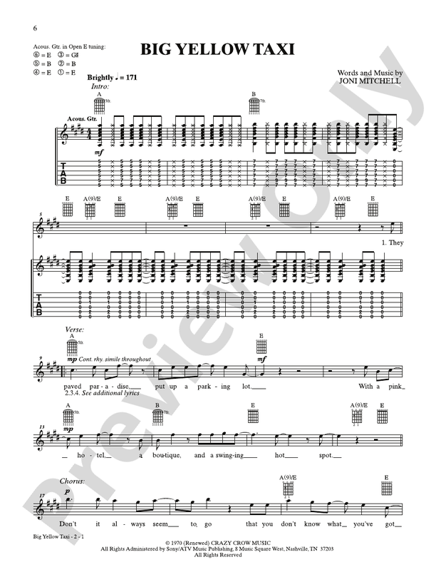 Big Yellow Taxi Guitar Joni Mitchell Digital Sheet Music Download