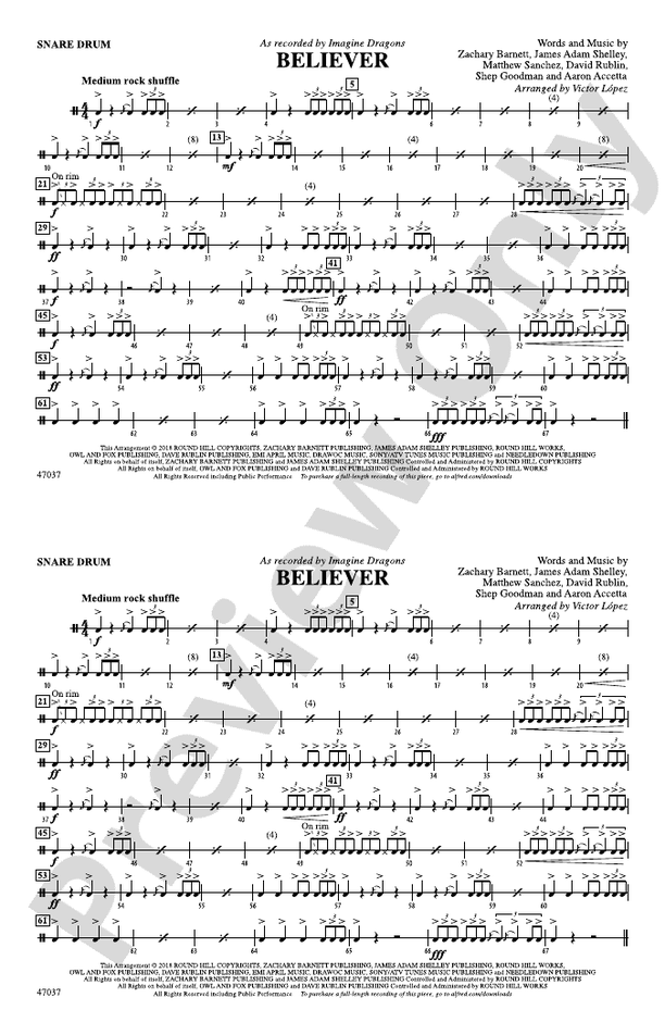 Believer Snare Drum Snare Drum Part Digital Sheet Music Download