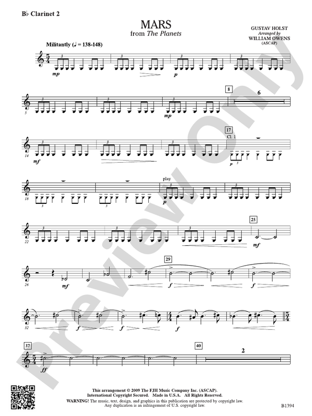 Mars from The Planets: B-flat Clarinet 2: B-flat Clarinet 2 Part