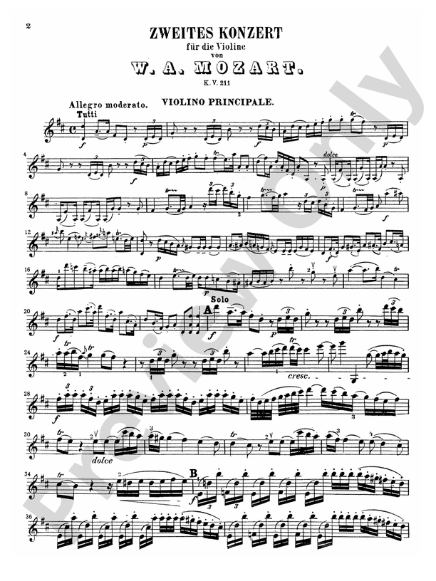 mistet hjerte bekymre frisk Mozart: Violin Concerto No. 2 in D Major, K. 211: Violin Book: Wolfgang  Amadeus Mozart - Digital Sheet Music Download