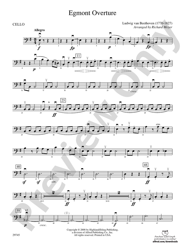 Egmont Overture Cello Cello Part Digital Sheet Music Download