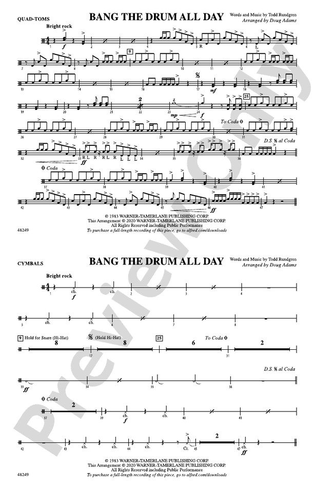 Bang The Drum All Day Quad Toms Quad Toms Part Digital Sheet Music