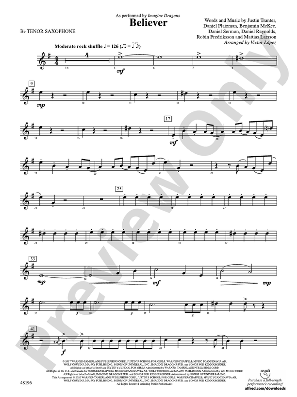 Believer Bflat Tenor Saxophone Bflat Tenor Saxophone Part Digital