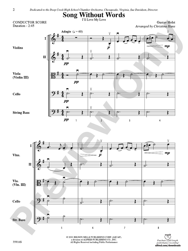 Song Without Words Score String Orchestra Score Digital Sheet Music