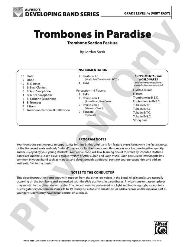 Trombones in Paradise Concert Band Conductor Score & Parts Jordan