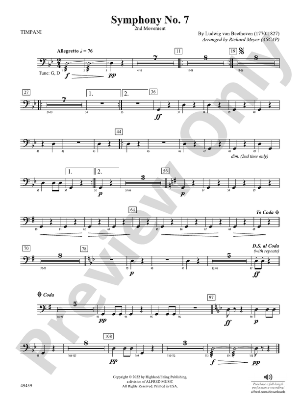 Symphony No. 7 Timpani Timpani Part Digital Sheet Music Download
