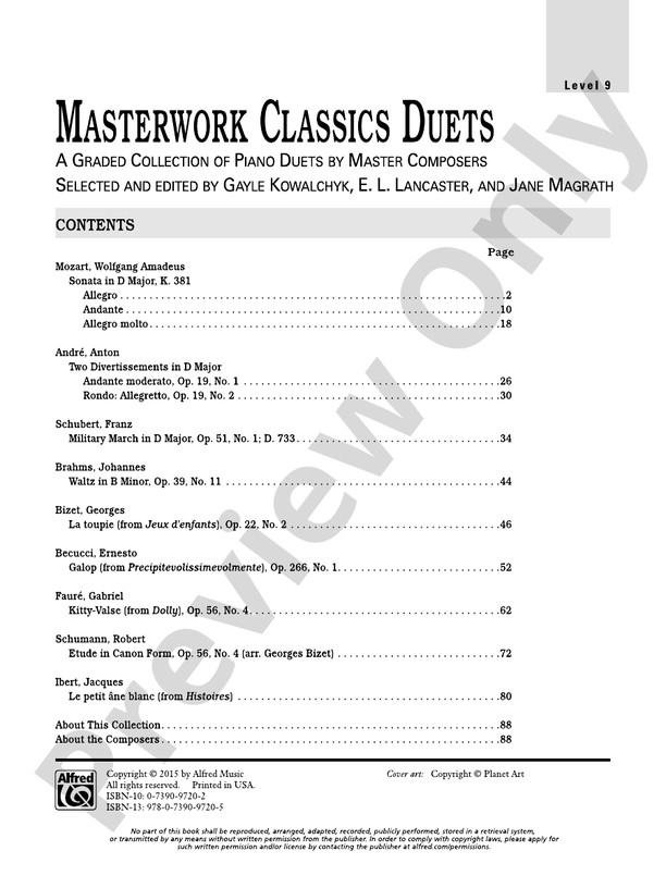 Masterwork Classics Duets, Level 9: A Graded Collection of Piano Duets by Master Composers