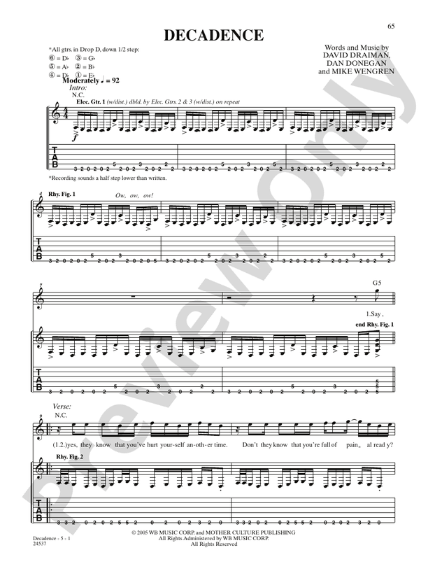 Decadence Guitar Disturbed Digital Sheet Music Download