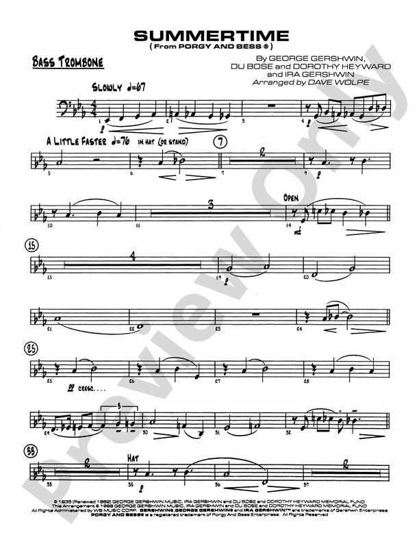 Summertime Bass Trombone Bass Trombone Part Digital Sheet Music