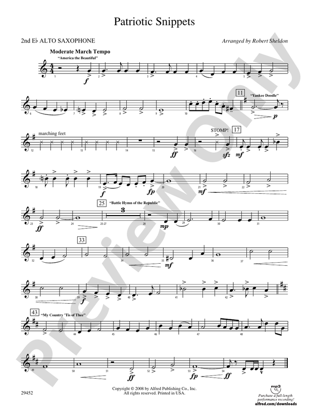 Patriotic Snippets: 2nd E-flat Alto Saxophone: 2nd E-flat Alto Saxophone Part - Digital Sheet ...